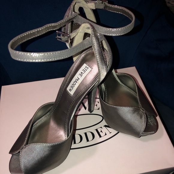 Like New - Steve Madden Tia Silver Satin Heels - Picture 2 of 10
